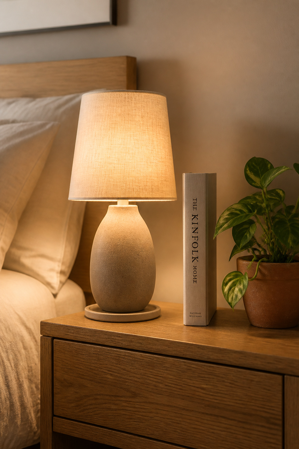 Three objects — lamp, book, plant — are all a considered nightstand needs in a Nordic bedroom. The generous negative space between them is as deliberate as the objects themselves.