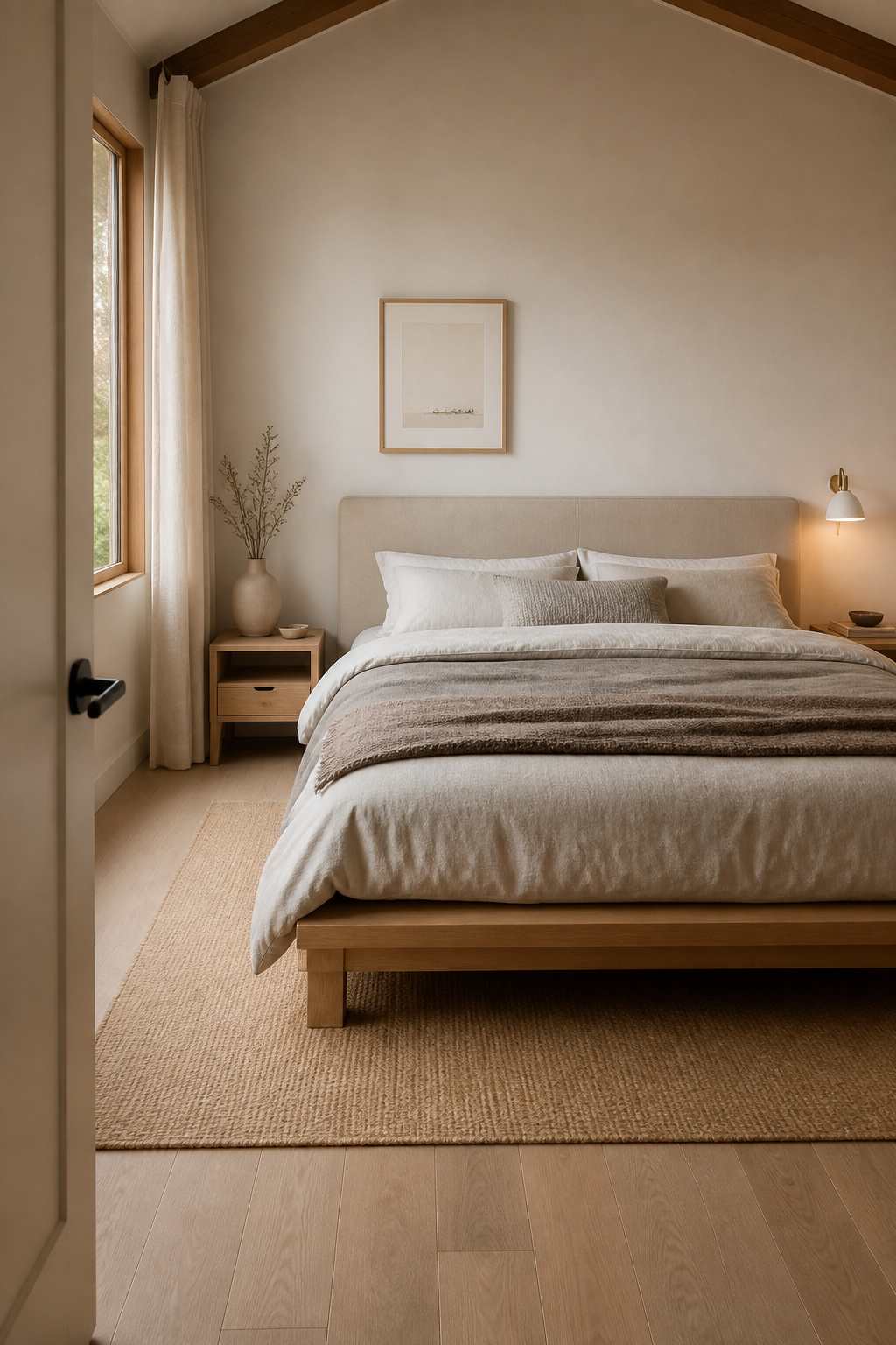 A solid oak platform bed with a low linen headboard anchors this Nordic bedroom without overwhelming the space. The bed's proportions — low to the ground, clearly scaled to the room — set the tone for every other furniture decision.
