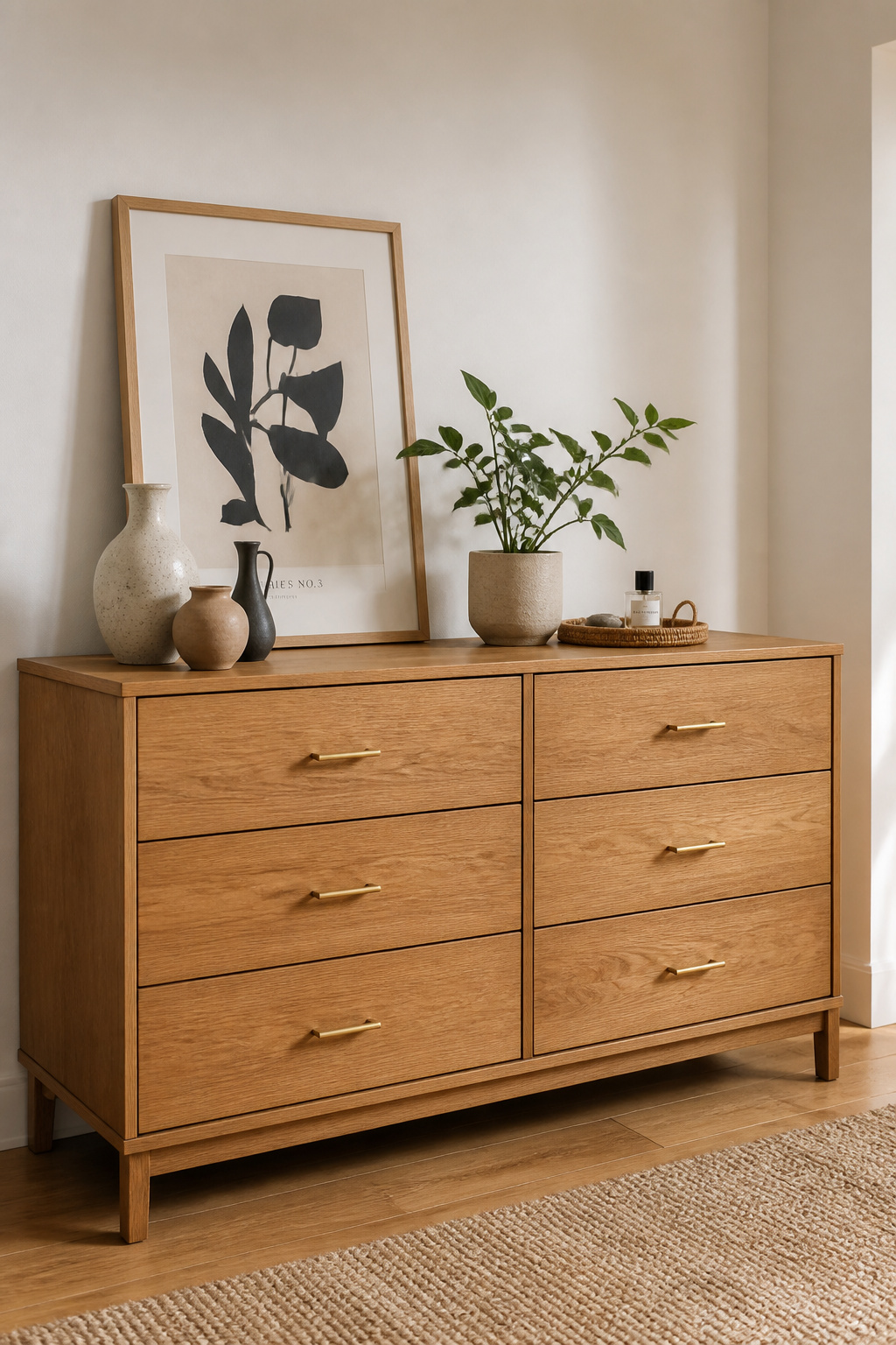A leaned print, a cluster of three ceramics, and a rattan tray transform a dresser top from a catch-all into an intentional composition. The anchor object — the art print — establishes the visual centre everything else responds to.