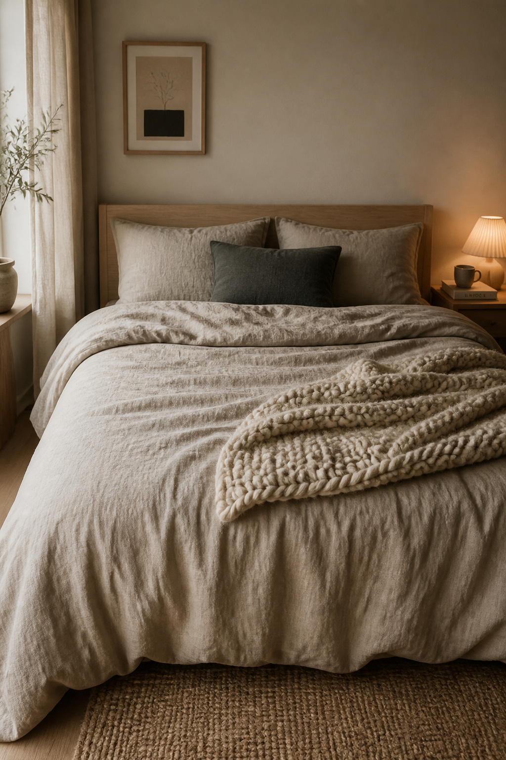 Belgian linen and a chunky merino throw create the layered, tactile depth that defines a Scandinavian bedroom. Natural fibres in complementary textures achieve warmth without competing colours.