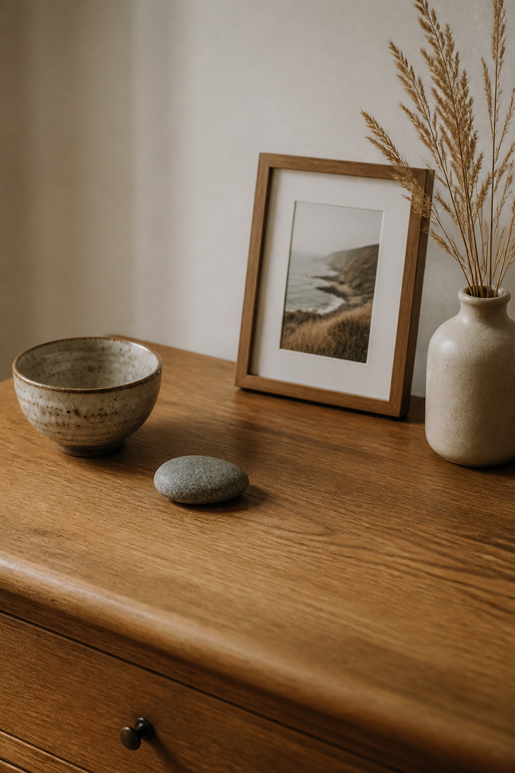 A handful of objects with story — a handmade ceramic, a stone, a photograph — outperform a dresser full of purchased decoration every time. The space between them is as important as the objects themselves.