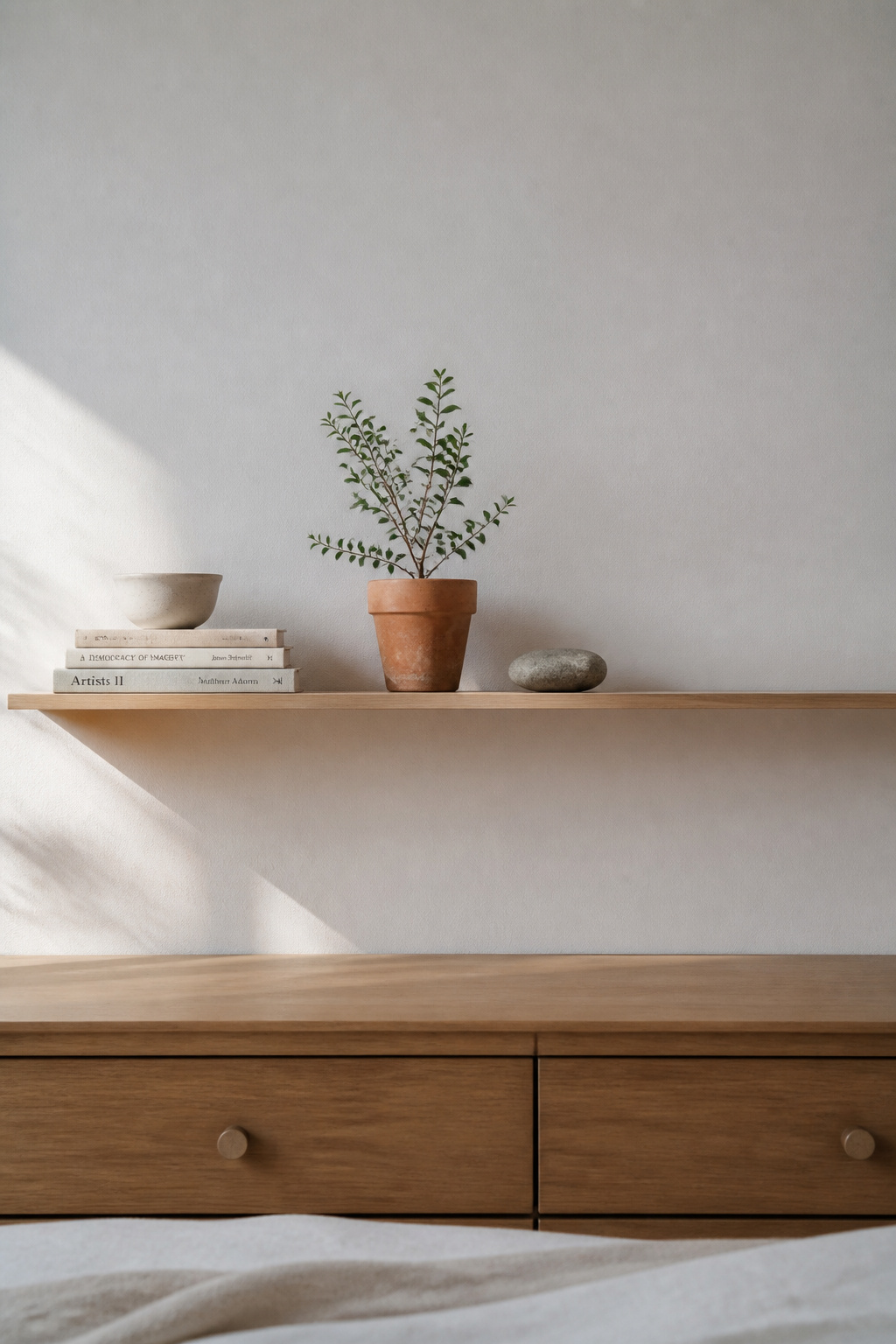Five objects — two groups, generous empty space between — is the professional stylist's shelf standard. The empty space is not wasted; it lets each object exist on its own terms.