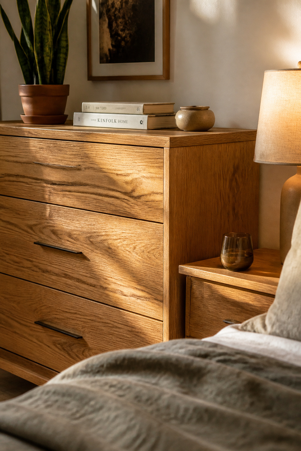 Natural oak furniture with pronounced grain brings measurable calm to a bedroom through biophilic design principles. The warm golden tone works in any light condition and ages honestly over decades.
