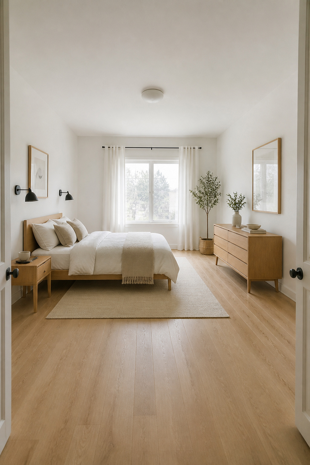 Pulling the bed and dresser away from the walls even a few inches transforms the room's quality — furniture reads as objects placed with intention rather than pushed into position.
