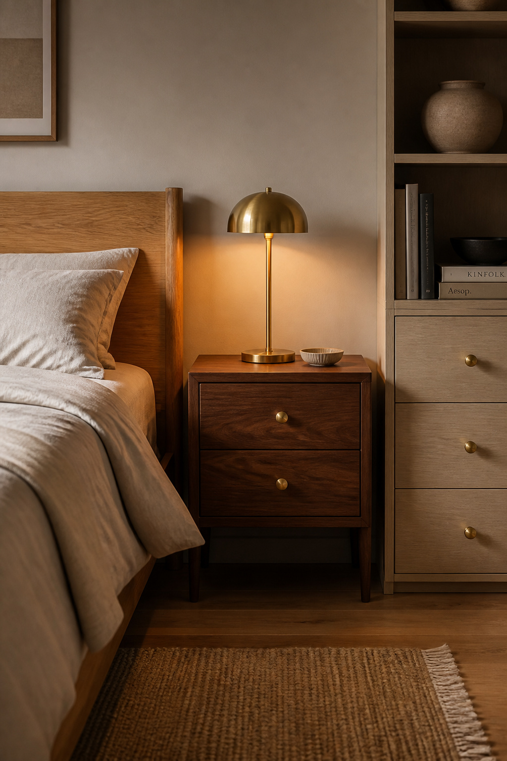 Mixed wood tones — oak, walnut, ash — unified by a single brass hardware finish create a bedroom that feels curated rather than assembled. The professional rule of three wood tones maximum keeps the palette coherent.