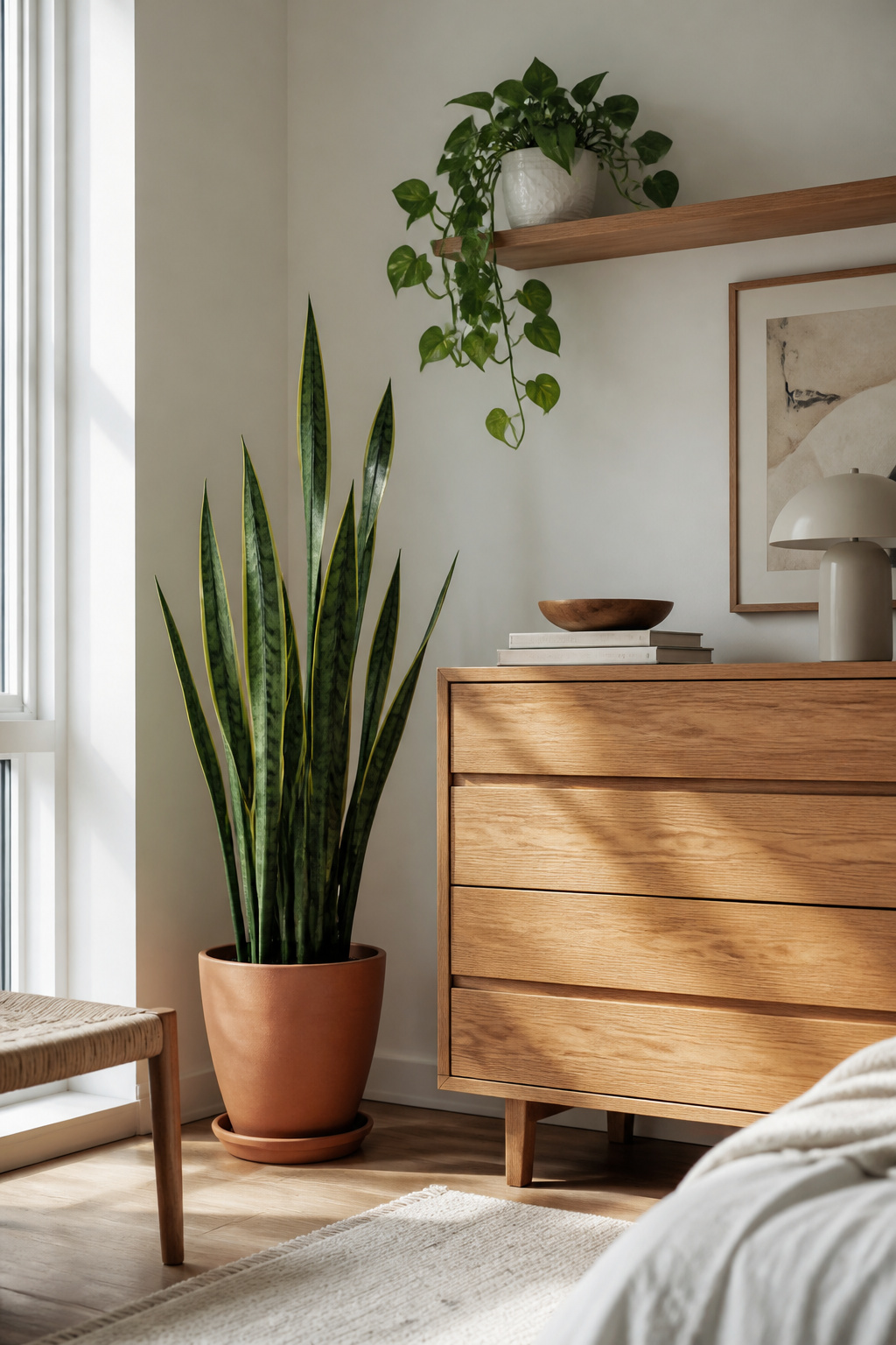 A snake plant's upright form provides vertical contrast to the dresser's horizontal lines while bringing the measurable calm of living material into the bedroom.