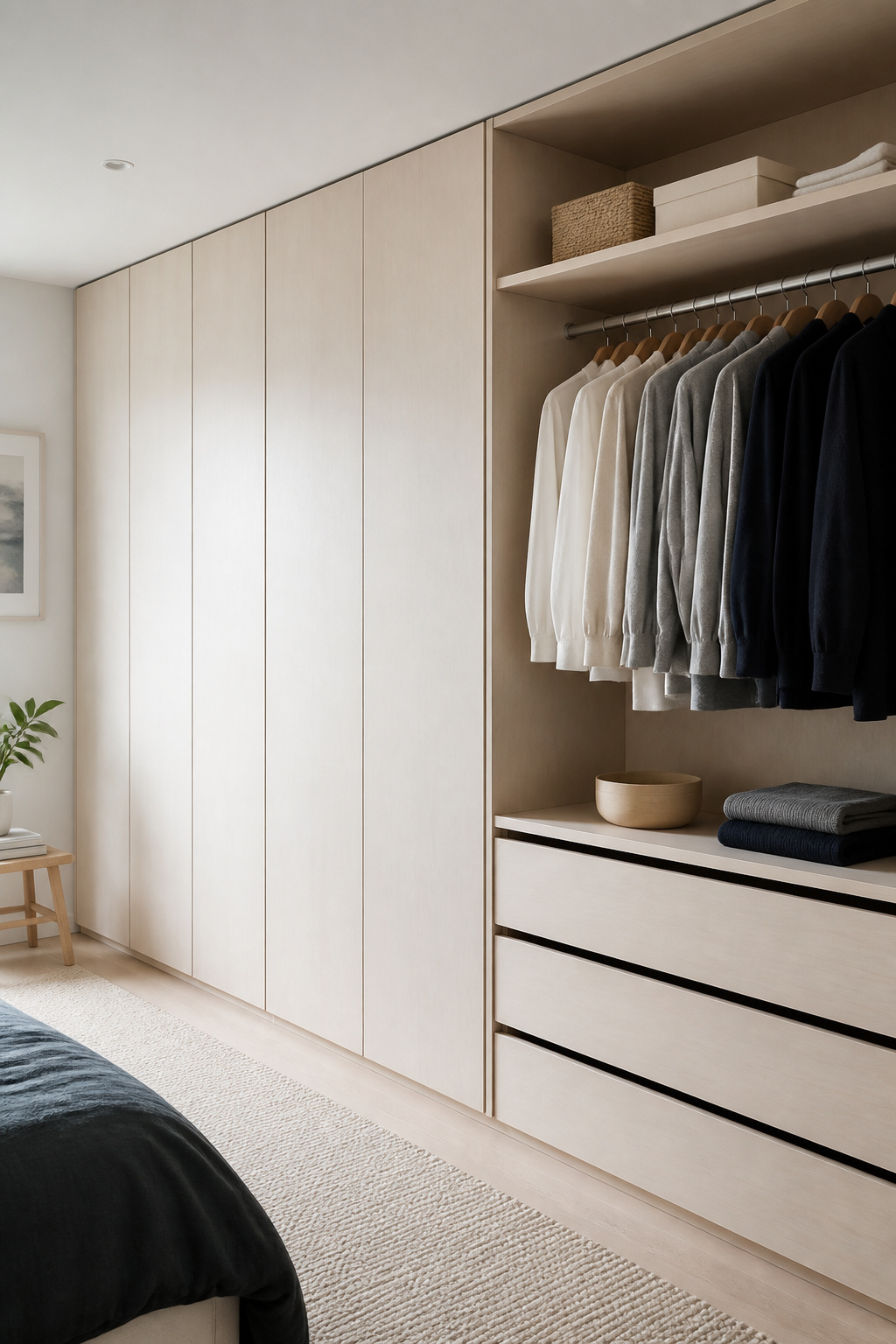 A fitted birch wardrobe with push-to-open hardware eliminates visual noise from handles, while a dedicated open rail section puts a capsule wardrobe on quiet display.