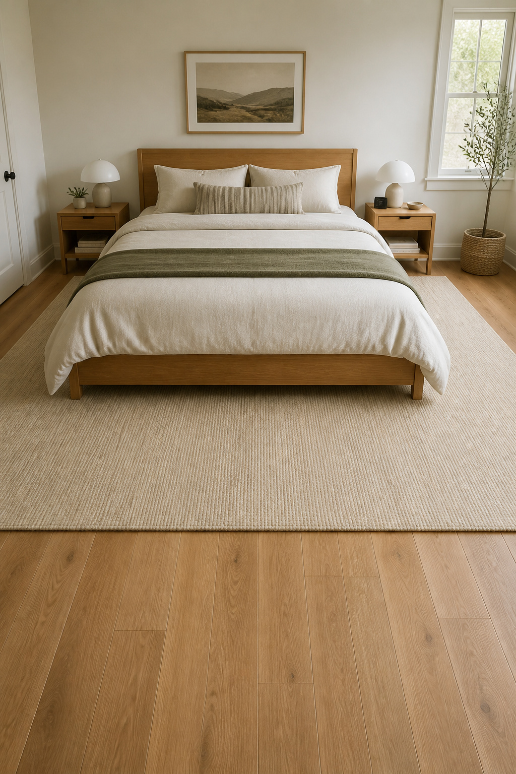 The rug extends two feet past each side of the bed and well past the nightstands — the professional standard that makes the whole furniture arrangement feel anchored rather than floating.