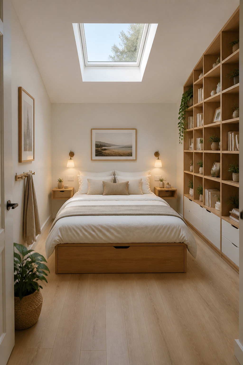 A storage bed and wall-mounted nightstands reclaim every inch of floor space in a small bedroom while maintaining the clean, uninterrupted floor that makes a tight room feel larger.