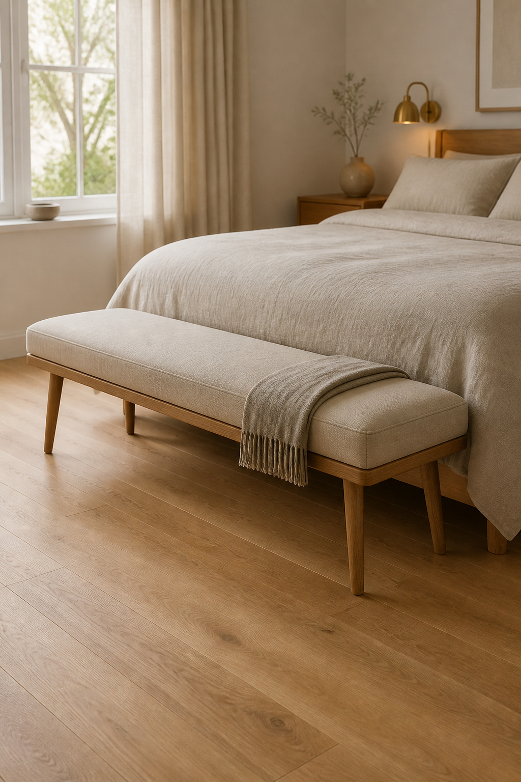 A bench two-thirds the bed's width, with a folded throw at one end, completes the sleeping zone without overwhelming it. The slender tapered legs keep the floor visually open beneath.