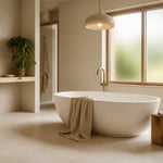 A complete Nordic bathroom combining natural wood, stone, plants, warm lighting, and considered storage — the bathroom design ideas from this article assembled into one space.