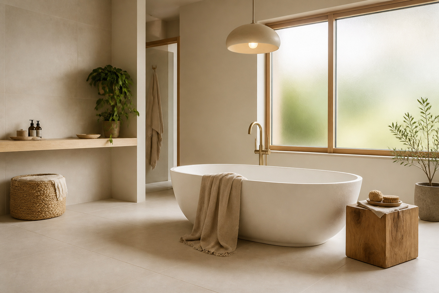 A complete Nordic bathroom combining natural wood, stone, plants, warm lighting, and considered storage — the bathroom design ideas from this article assembled into one space.