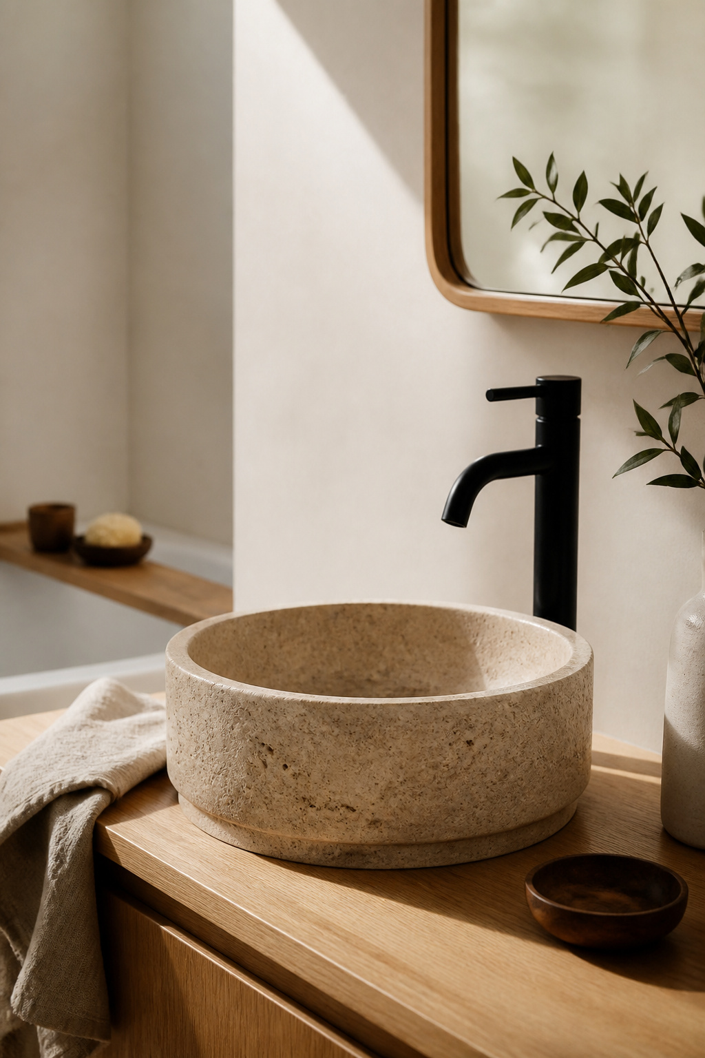 A travertine vessel sink on a white oak vanity — the material combination that defines the Nordic bathroom at its most considered.