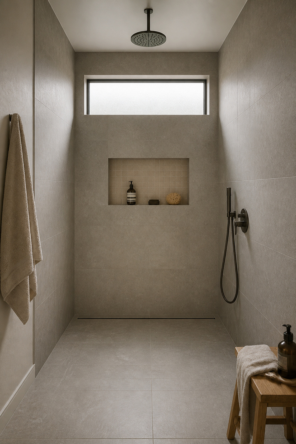 A walk-in doorless shower with rainfall head and zellige niche — the bathroom design idea that defines the Nordic bathroom aesthetic.