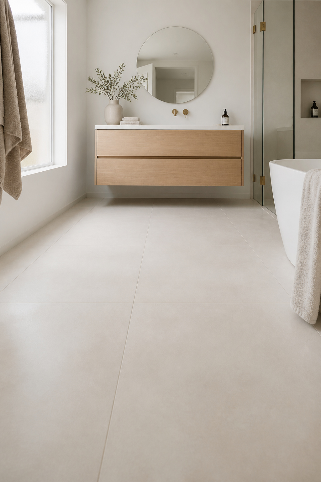 Large-format floor tiles reduce visual interruption and expand the perceived space — a foundational bathroom design idea for any size room.