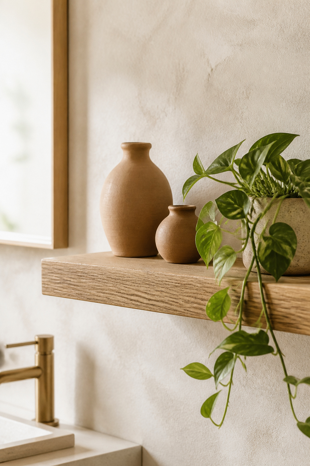 A white oak floating shelf with natural ceramic vessels and a trailing plant — the kind of small bathroom design idea that costs little but changes the character of the room.