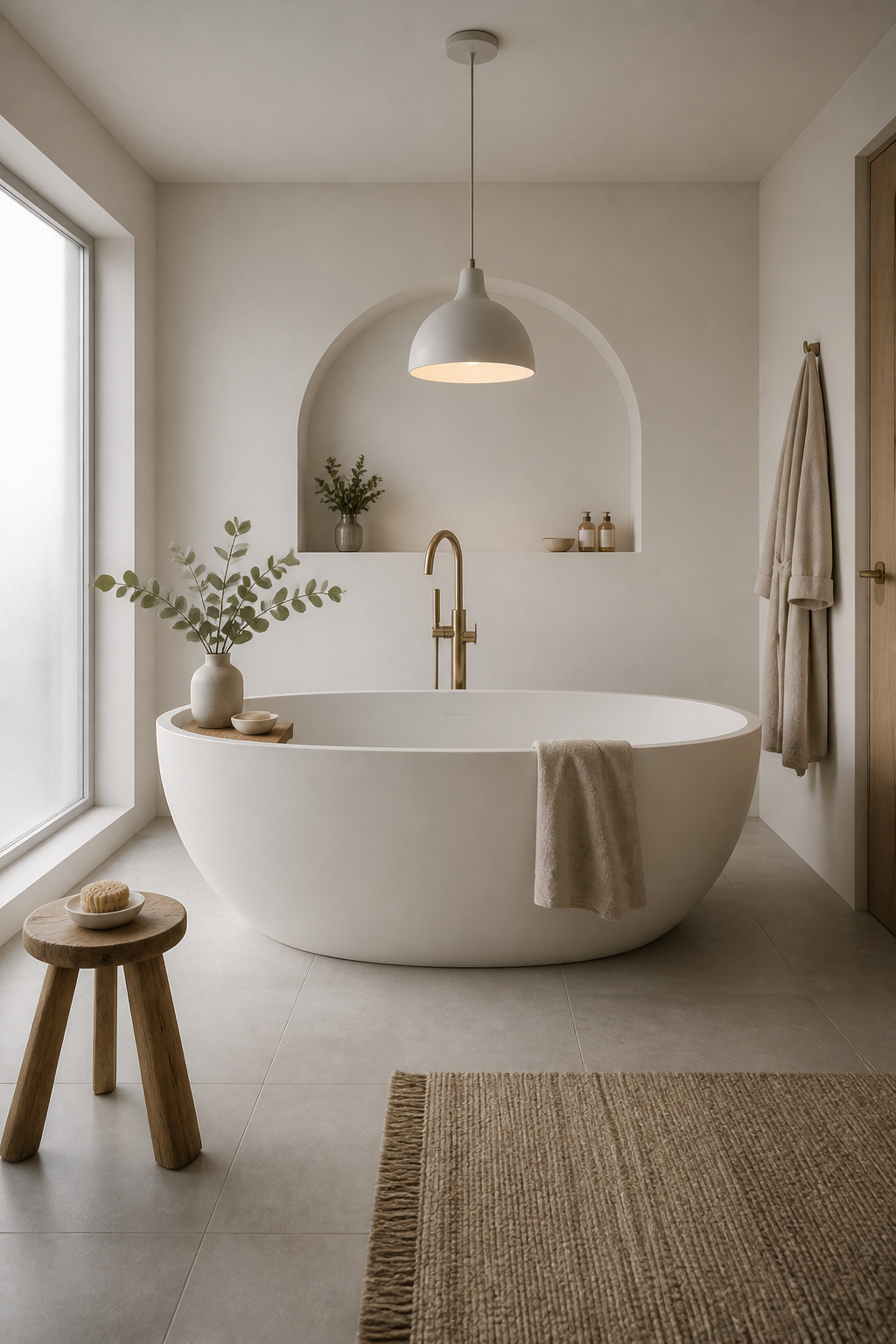 A freestanding stone resin tub pulled away from the walls, with a warm pendant above — a bathroom design idea that transforms the room into a destination.