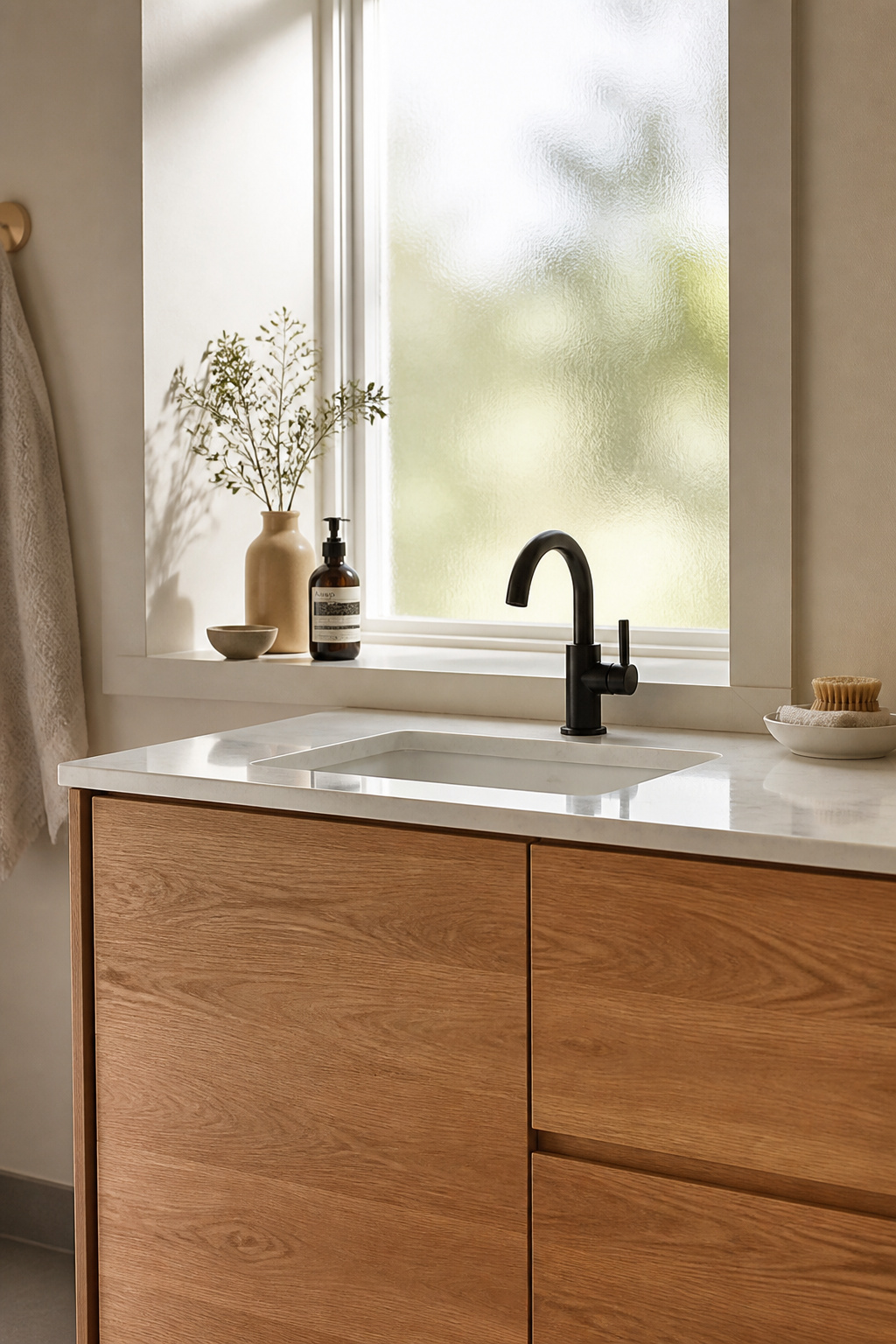 White oak cabinet fronts with a quartz stone top — the mixed-material vanity that defines Scandinavian bathroom design ideas at any budget level.