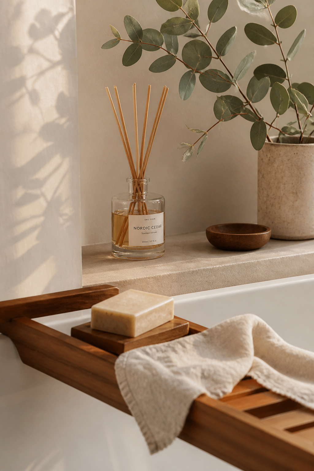 Reed diffuser, eucalyptus stems, and a teak tray — the scent layer that completes a considered bathroom design.
