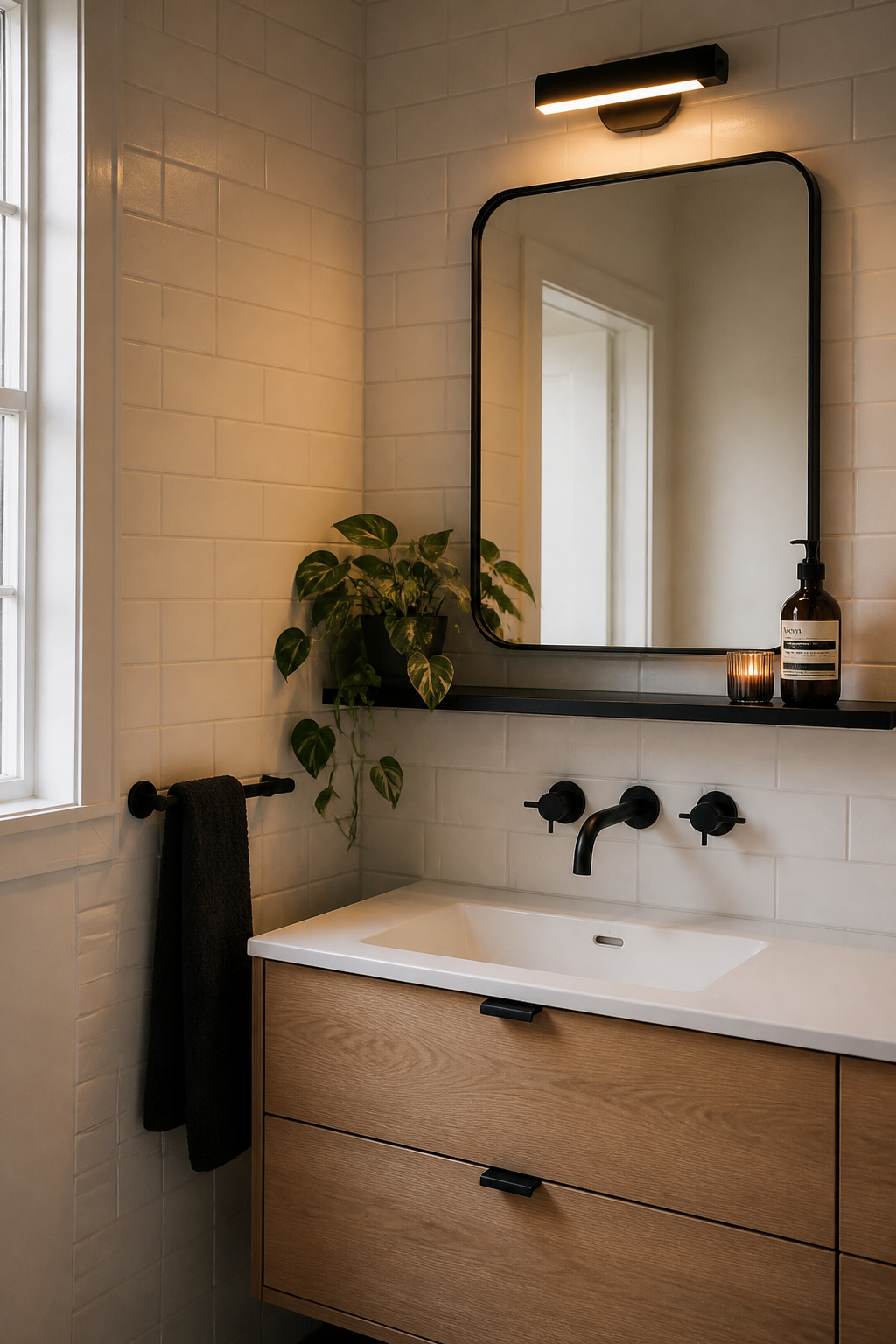 Matte black fixtures against warm white walls — a bathroom design idea that delivers graphic clarity with very little complexity.