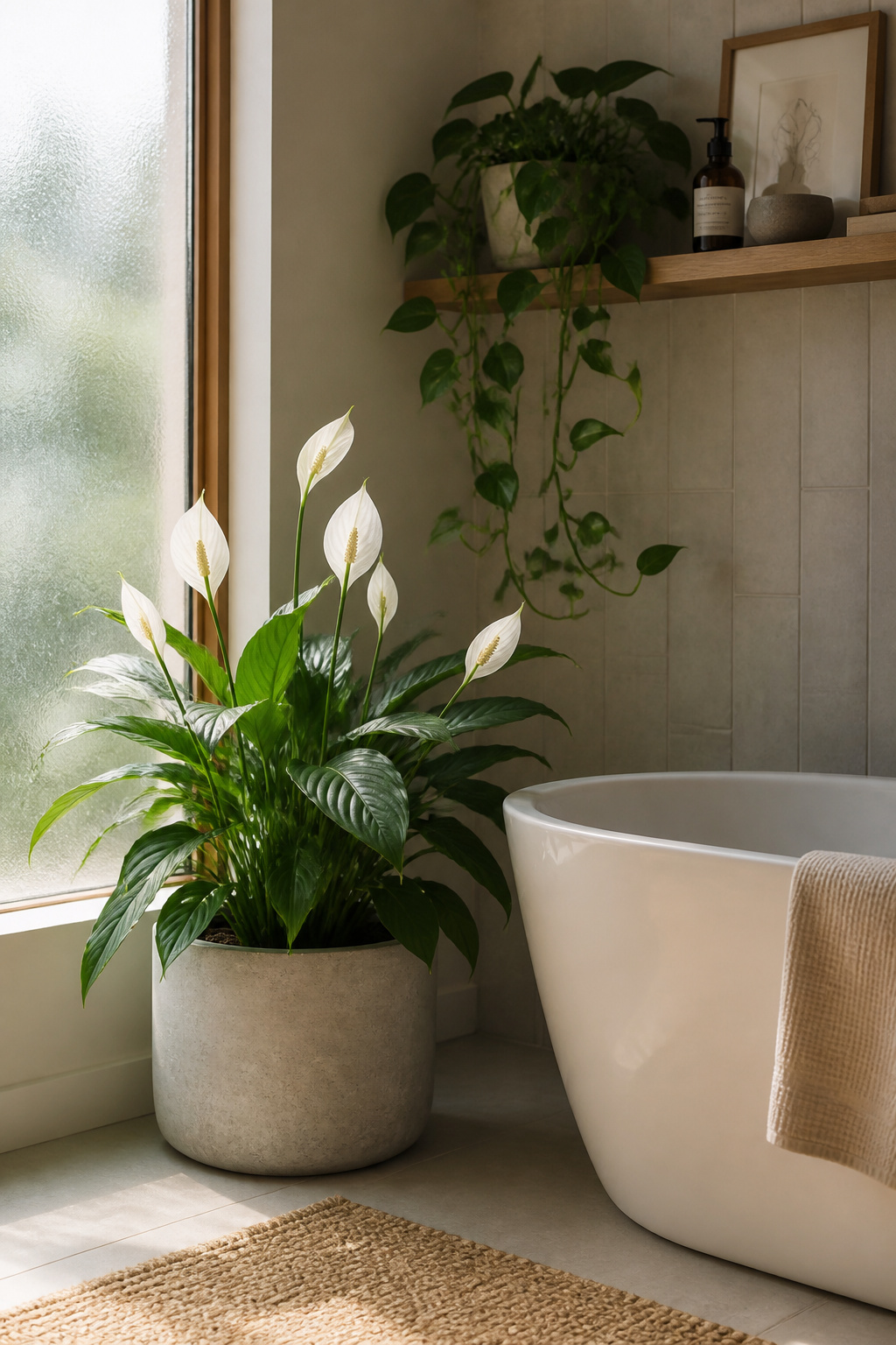 Plants beside a freestanding tub — one of the most accessible bathroom design ideas for transforming the feel of a room on a limited budget.