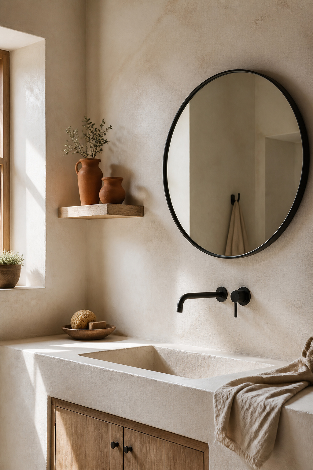 Limewash walls in warm white — a bathroom design idea that changes the quality of the surface without changing the colour.