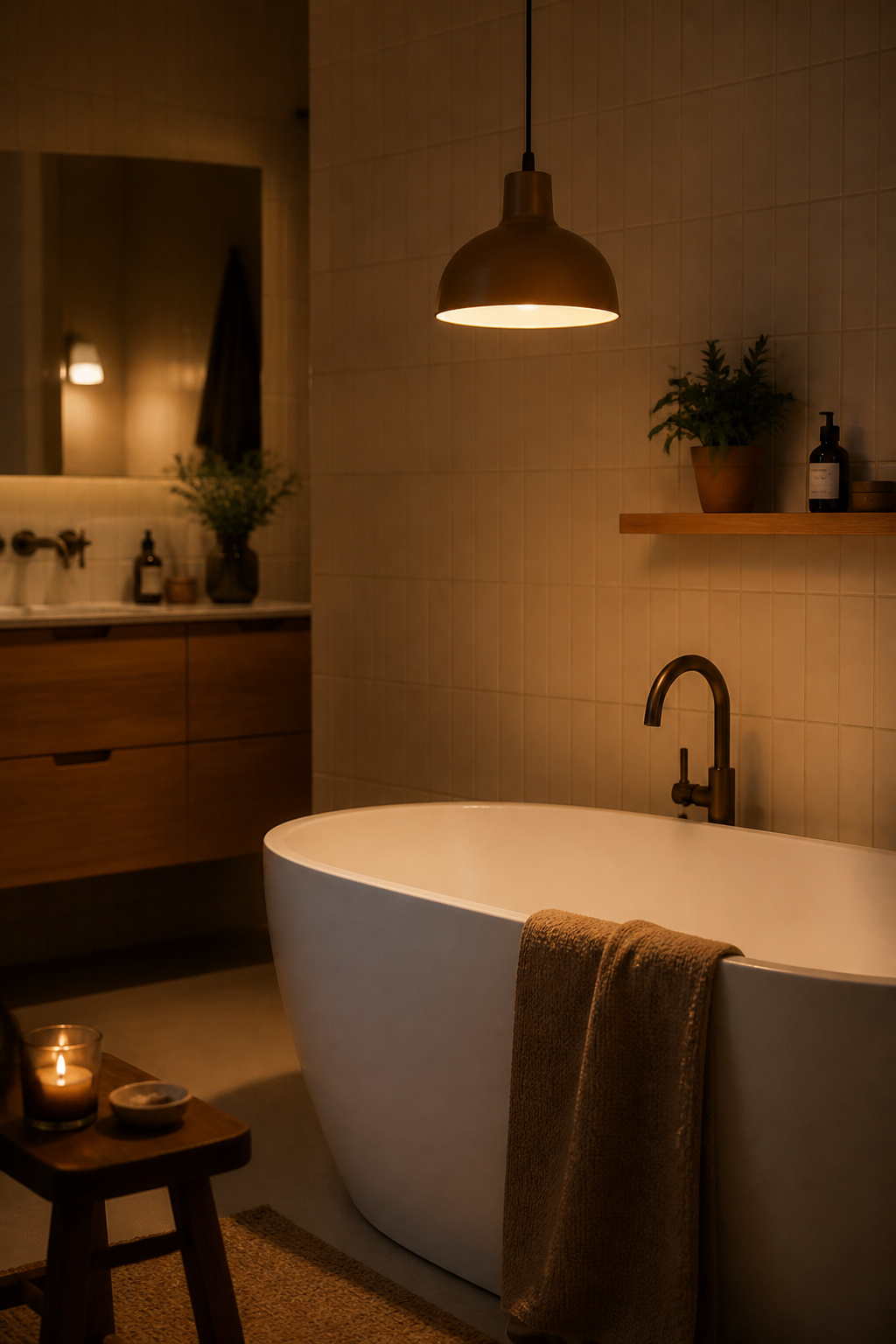 A ceramic pendant above a freestanding tub — the bathroom design idea that shifts the room from functional to hygge in one fitting.