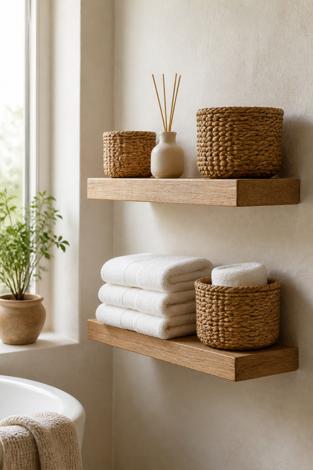 Open shelving with woven baskets — one of the simplest bathroom ideas for storage that looks intentional rather than functional.