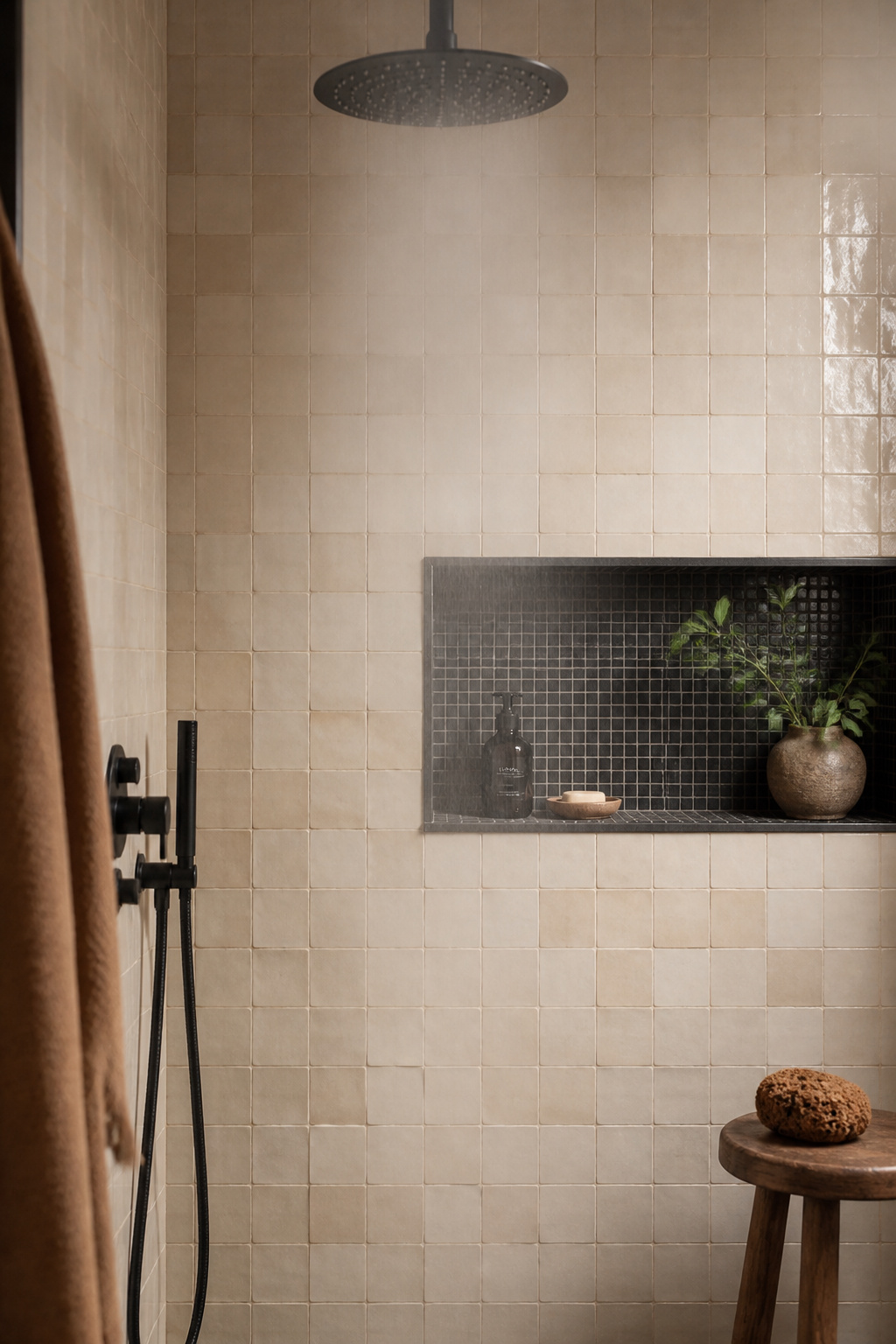 Cream zellige tile on a shower wall — a bathroom design idea that brings 800 years of craft into a contemporary space.