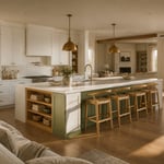 A warm Nordic kitchen with a two-tone island — sage green cabinetry, white oak shelving, and a waterfall quartz countertop — designed to anchor the open-plan space.
