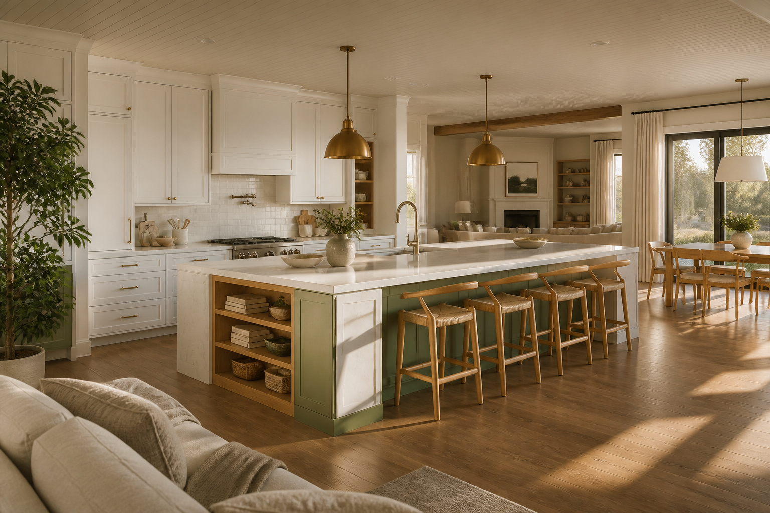A warm Nordic kitchen with a two-tone island — sage green cabinetry, white oak shelving, and a waterfall quartz countertop — designed to anchor the open-plan space.