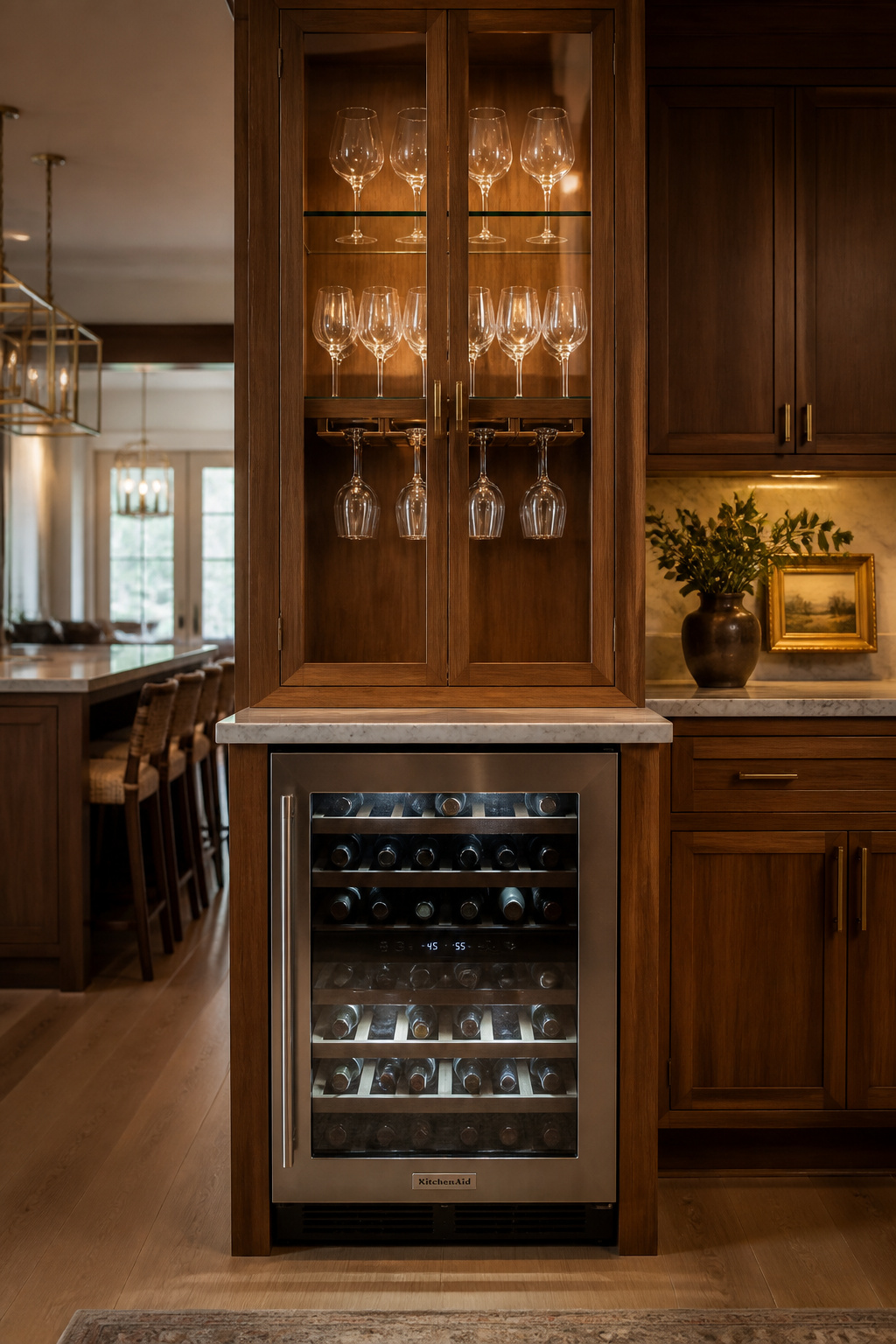 A dual-zone wine fridge in the island base with a glass-front stemware display above — bar function without the visual clutter.
