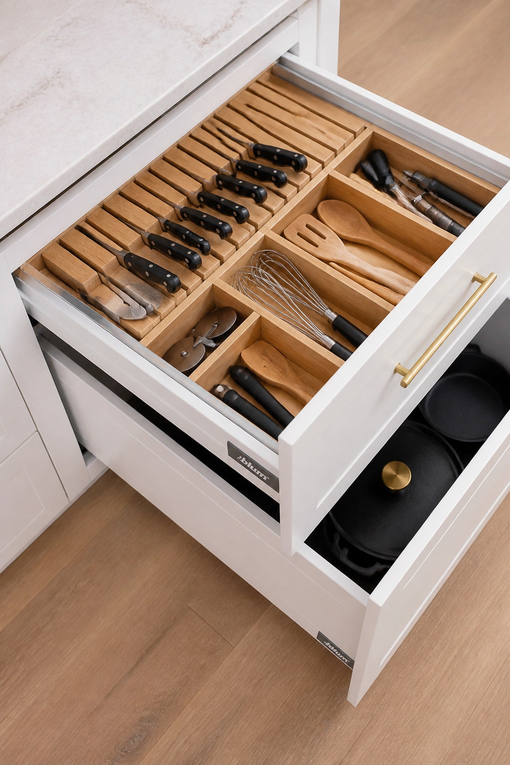 A full-extension island drawer with in-drawer knife block and wooden dividers — organisation that works every day, not just on installation day.