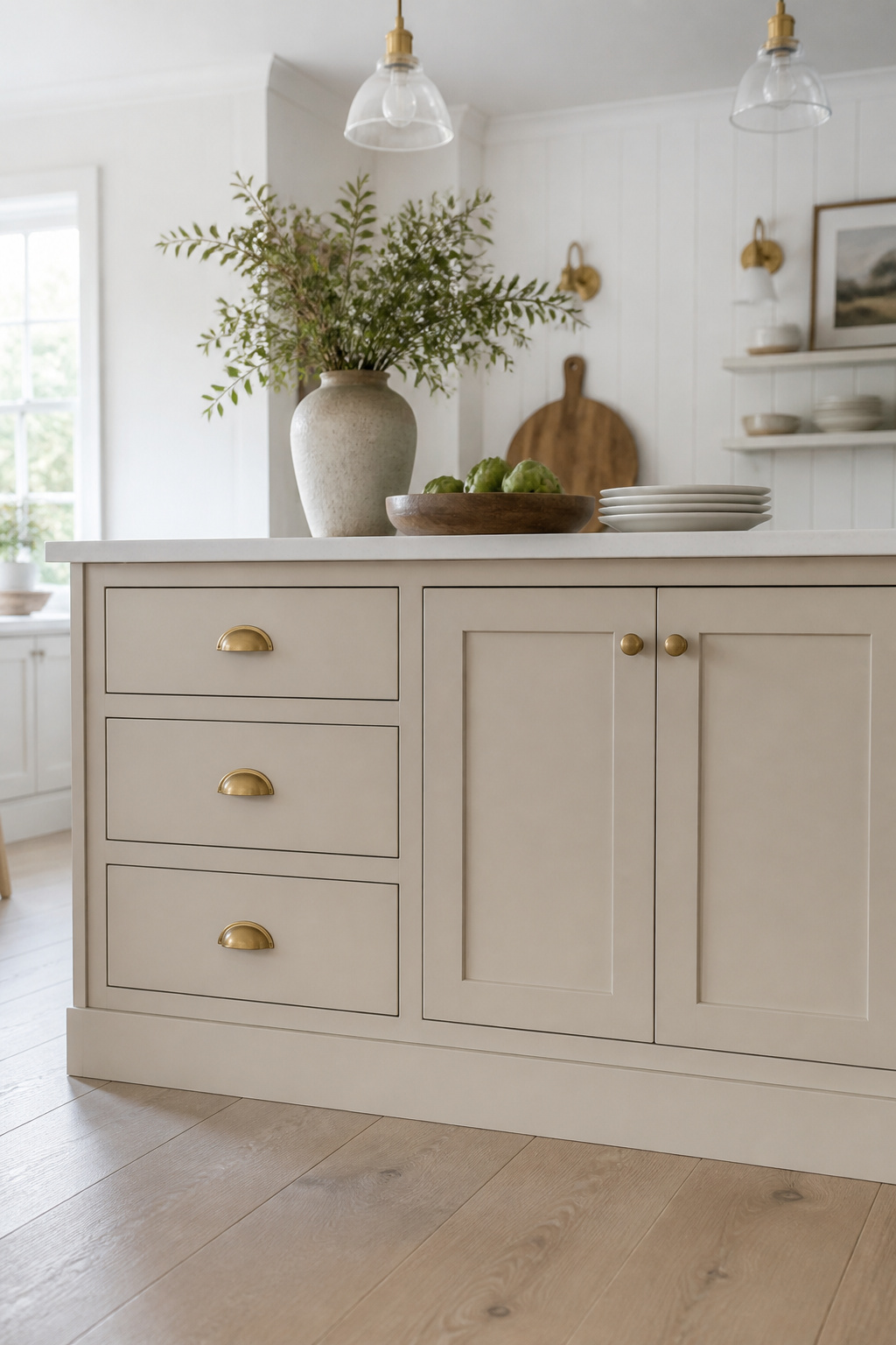 Cream Shaker kitchen island cabinets with brass cup pulls and a honed quartz countertop — a combination that reads as crafted rather than assembled.