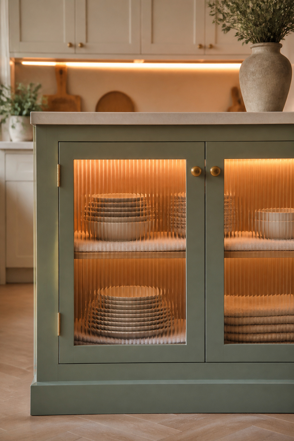 Reeded glass island cabinet doors with warm internal LED lighting — display value without showing every detail.