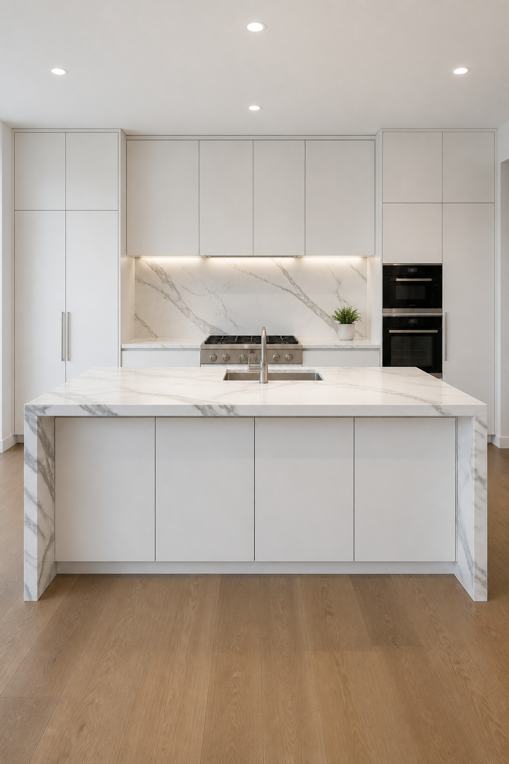 A Calacatta marble waterfall island with flat-panel handleless cabinetry — the combination where the stone carries all the visual work.