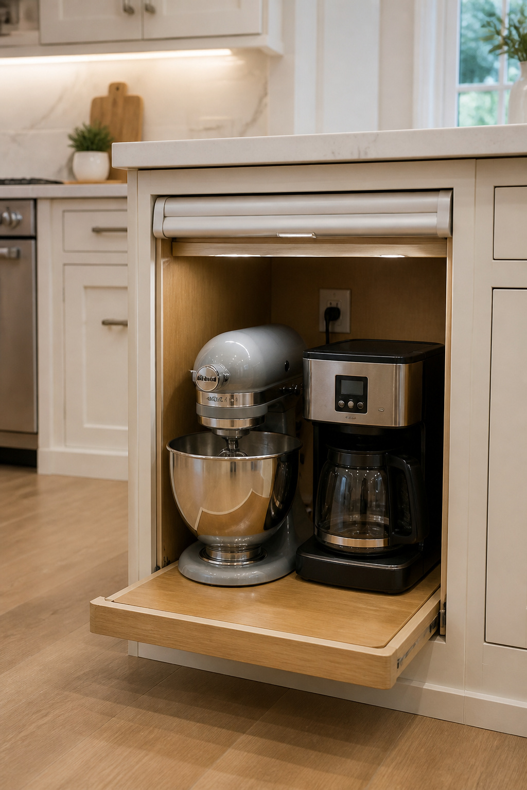 A tambour-door appliance garage in the island base keeps the stand mixer and coffee machine plugged in and off the counter.