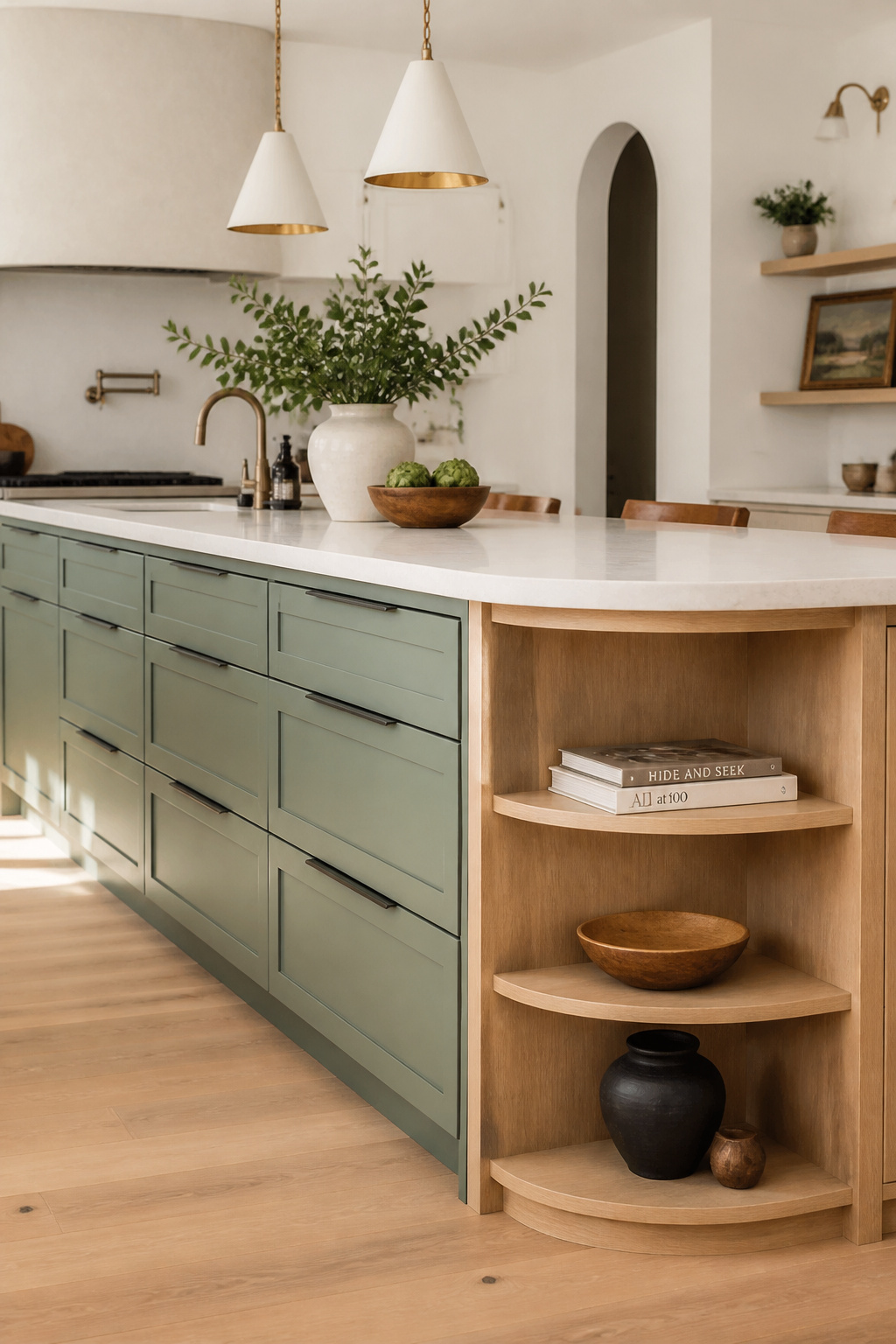 Painted island cabinetry with a natural wood open shelf section — the mixed-material combination that reads as a designed decision, not an accumulation.