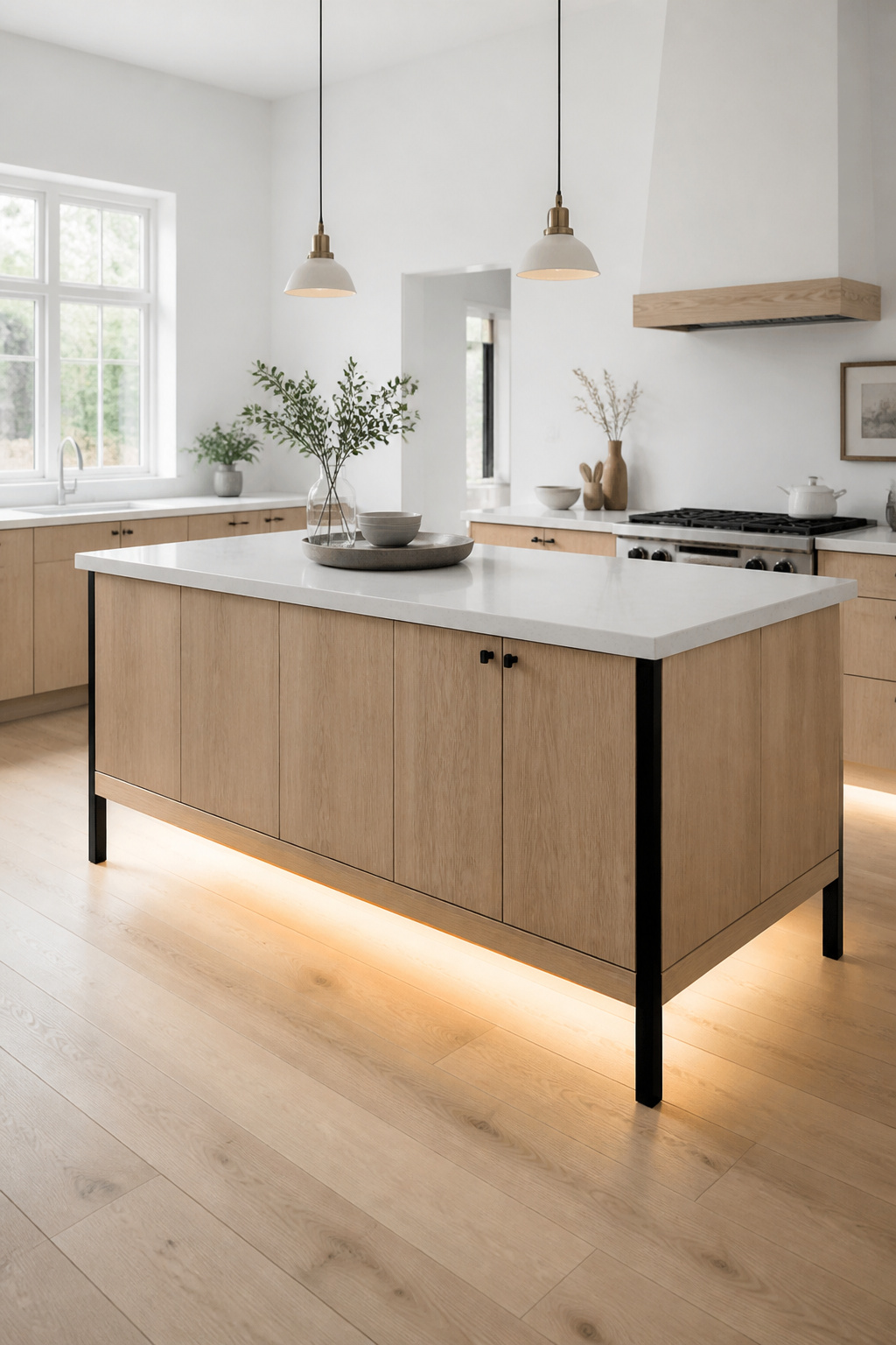 A white oak island on tapered steel legs — the furniture quality that a closed-base island cannot replicate.