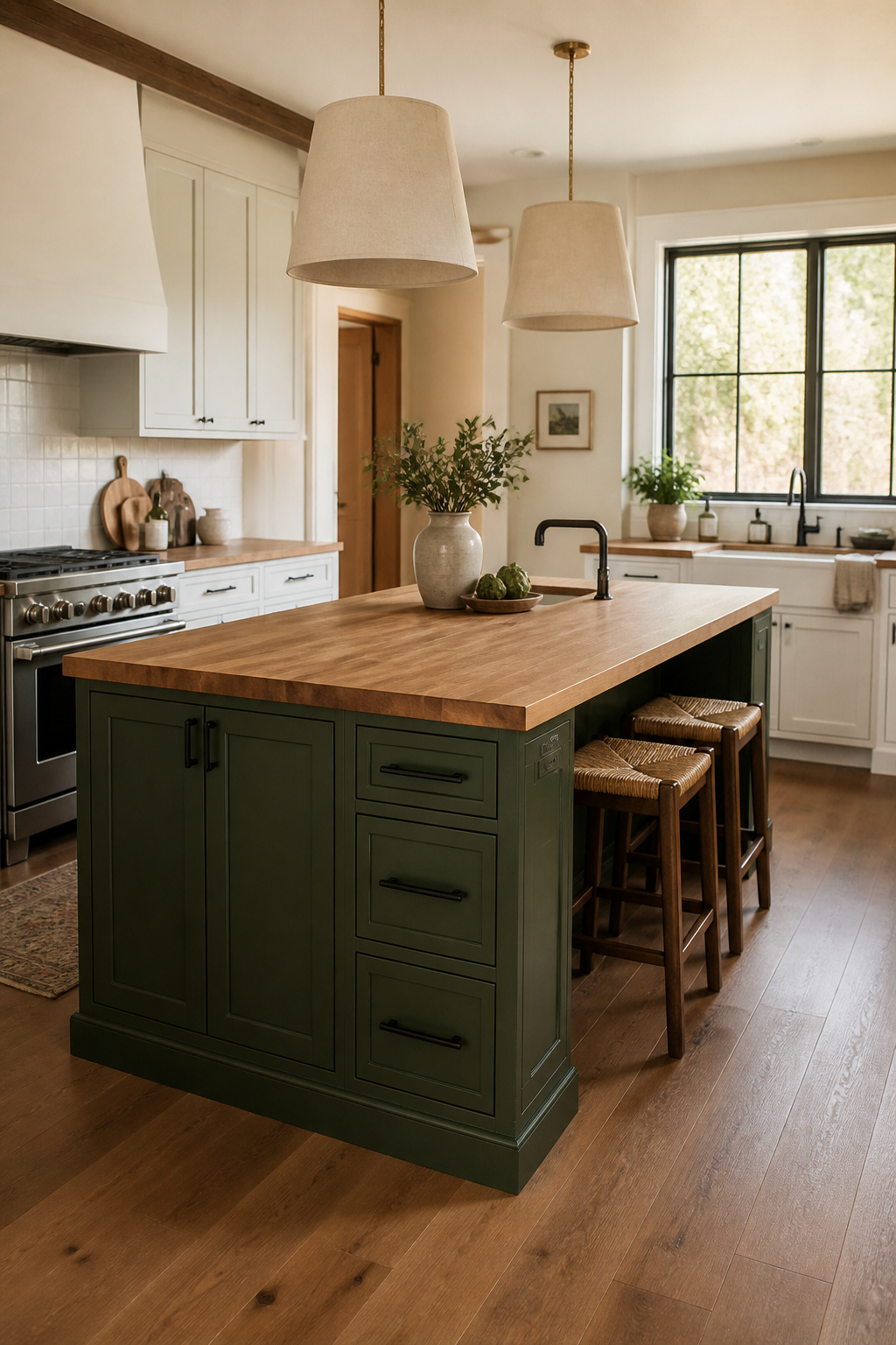 A forest green island with matte black pulls and butcher block countertop against white perimeter cabinetry — bold, grounded, and reversible.