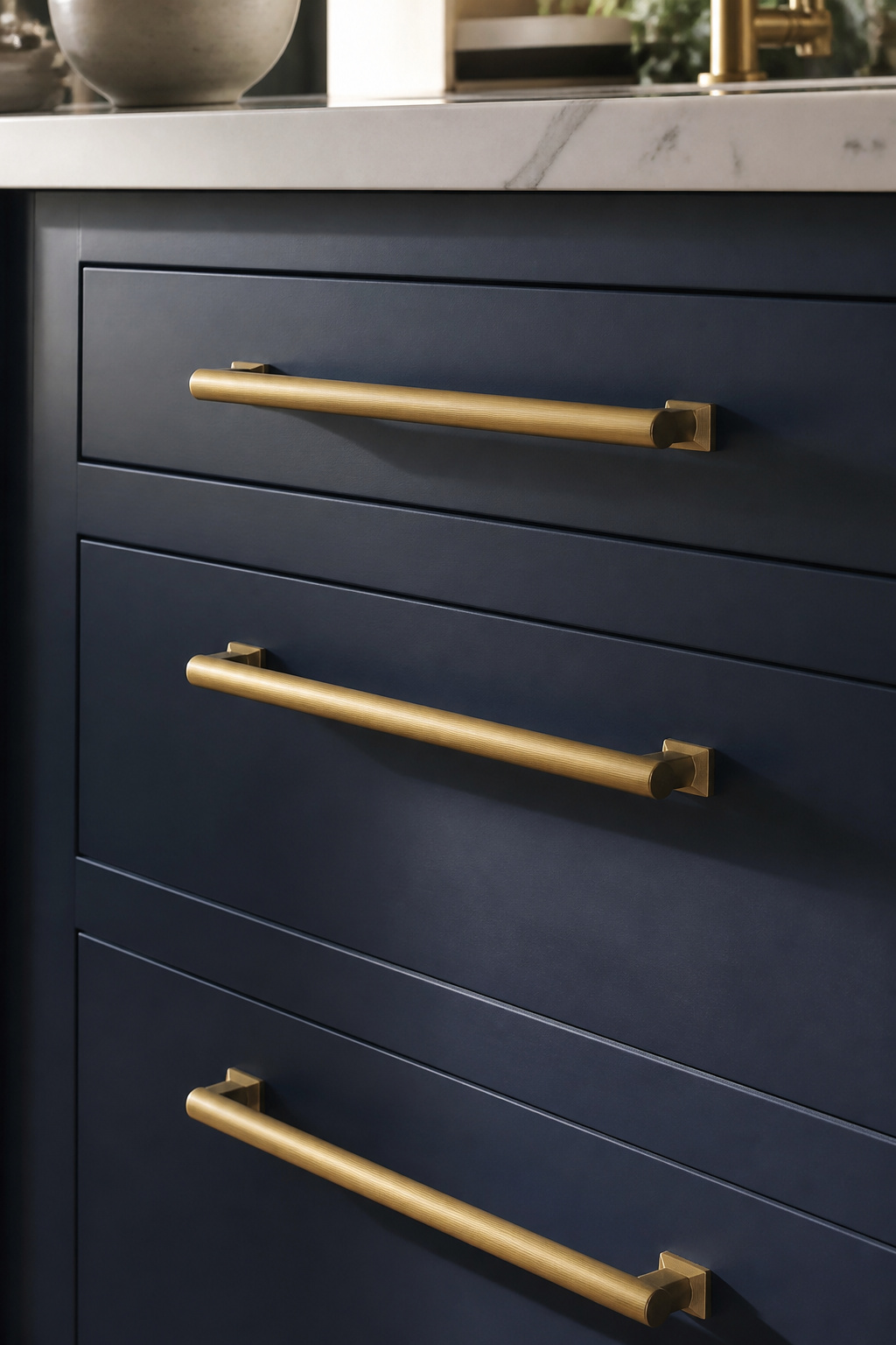 Unlacquered brass bar pulls on a navy island drawer stack — the hardware combination that ages better than any lacquered finish.