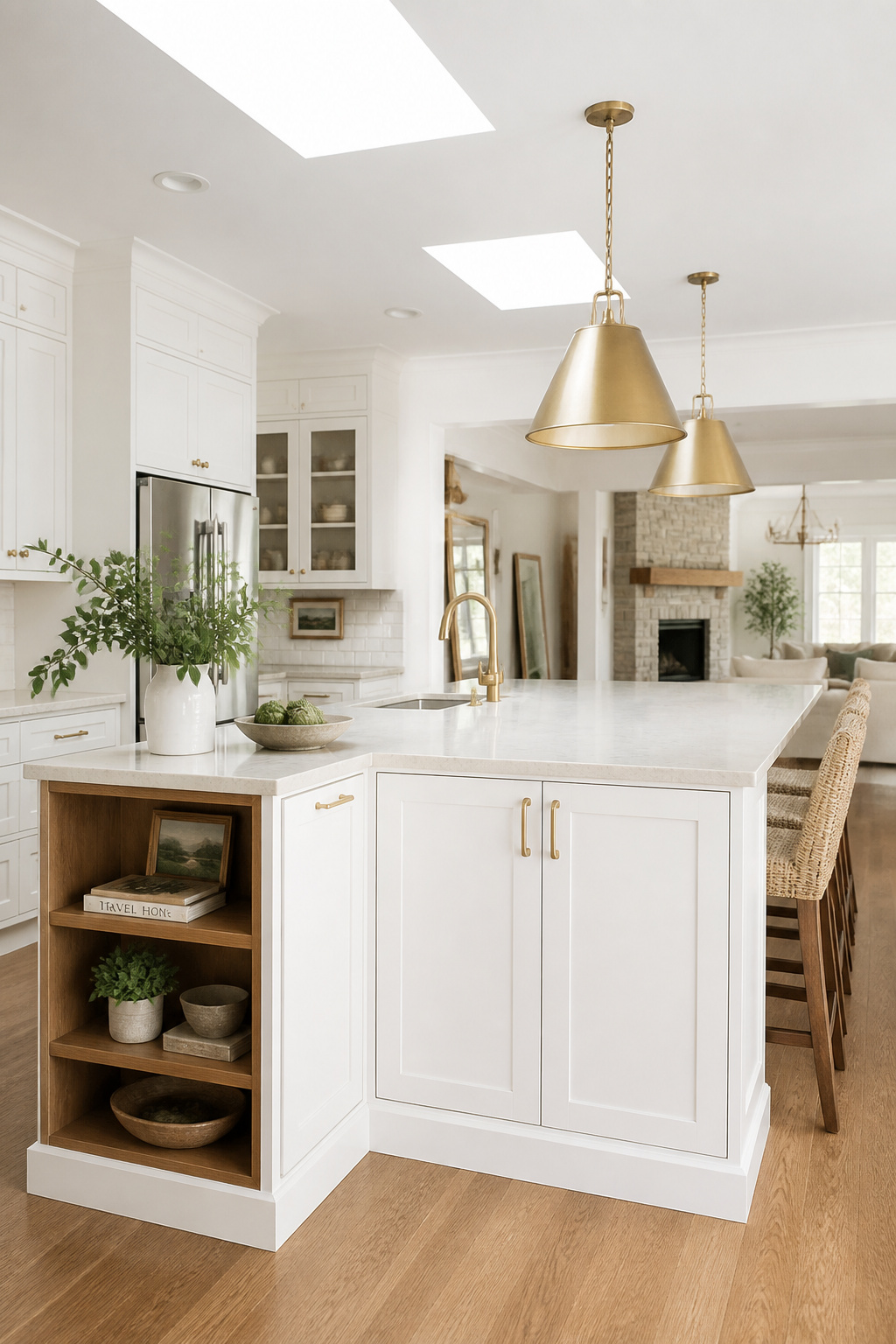 An L-shaped corner kitchen island with Shaker cabinetry and a white oak open section — the configuration that mirrors the kitchen's own geometry.