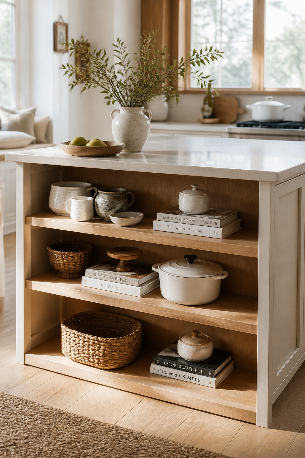 One side open for display, one side closed for work — the division that makes open island shelving genuinely functional.