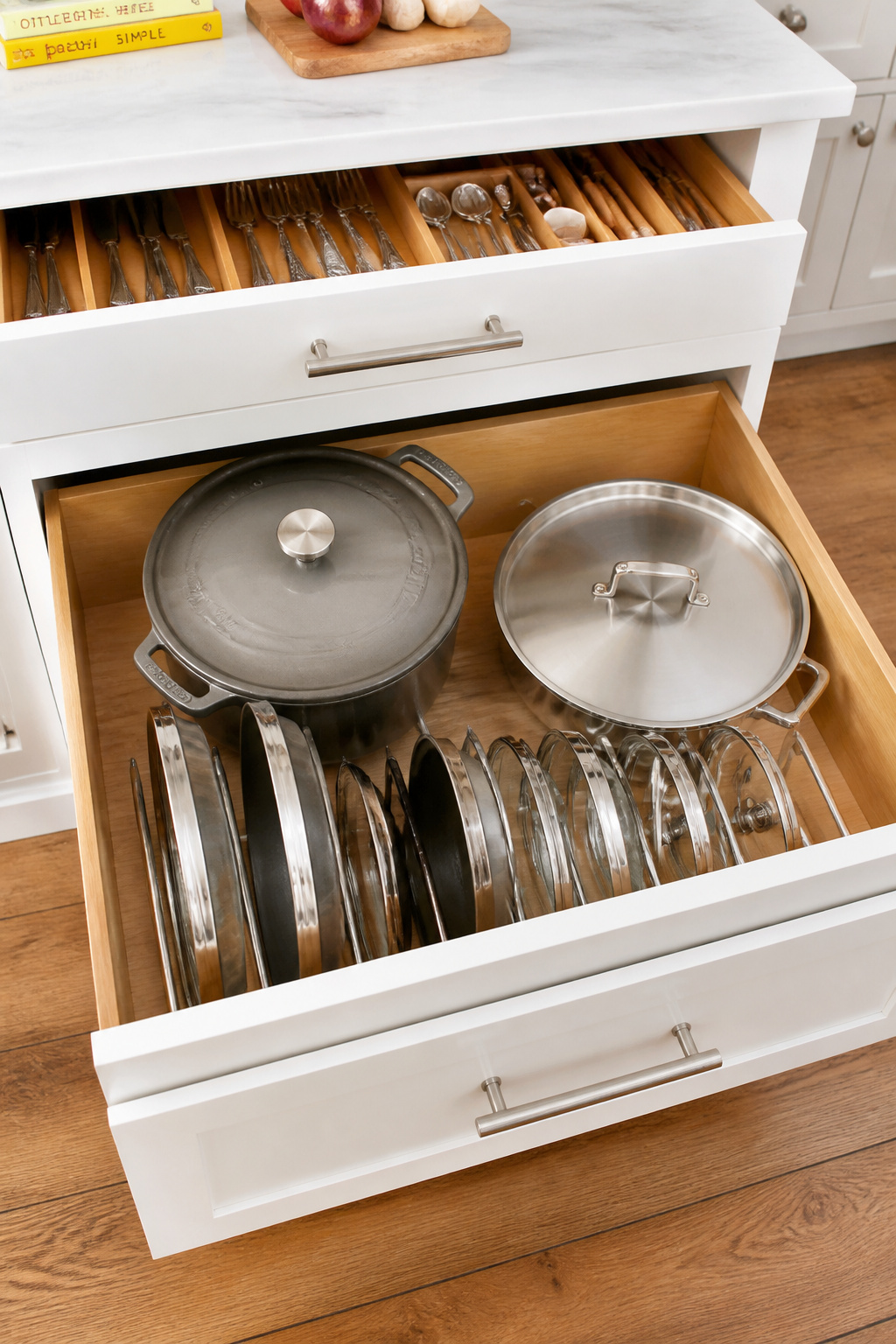 A full-extension deep drawer revealing cast iron, sauté pans, and lids in one glance — the functional case for deep kitchen island cabinetry.