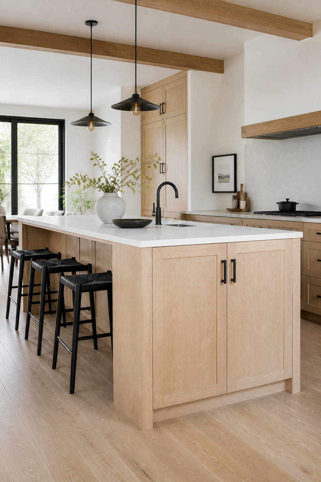 Natural white oak island cabinets with a matte hardwax oil finish in a Scandinavian kitchen — the organic warmth that no painted surface can replicate.