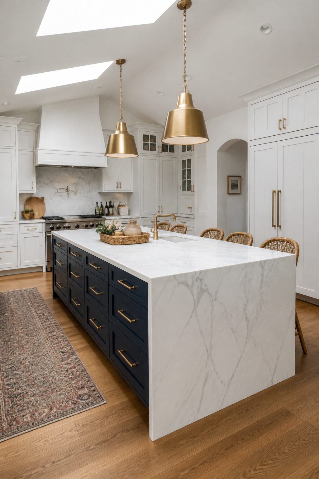 A deep navy island with brass hardware against white perimeter cabinetry — the two-tone combination with the longest proven track record.