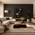 A sunlit, uncluttered modern living room combining a low-profile sofa, sculptural coffee table, natural textures, and one confident accent wall.
