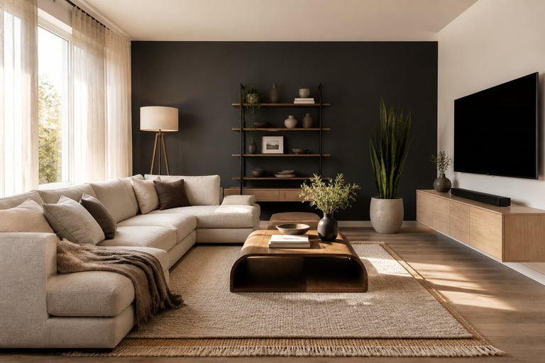 A sunlit, uncluttered modern living room combining a low-profile sofa, sculptural coffee table, natural textures, and one confident accent wall.