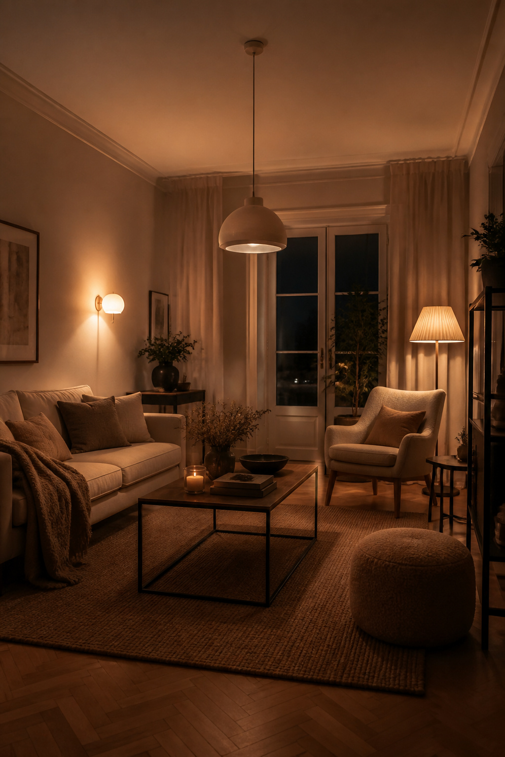 Layered ambient, task, and accent lighting replace a single overhead fixture for a warmer evening mood.