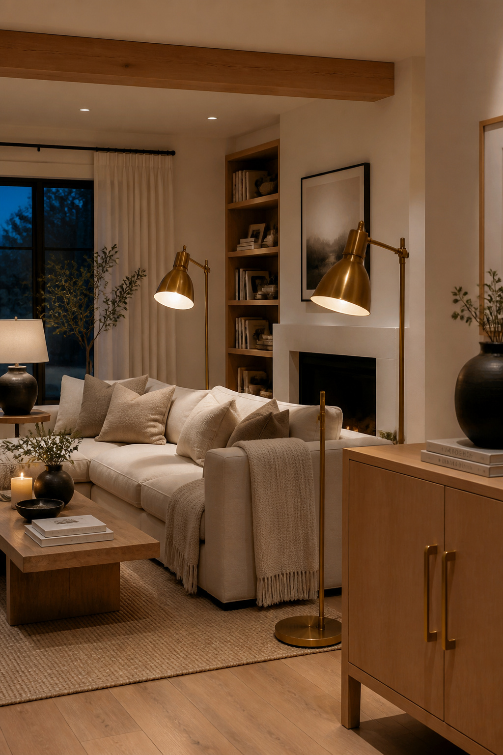 Aged brass lighting and hardware bring a warm, lived-in glow to an otherwise minimalist color scheme.